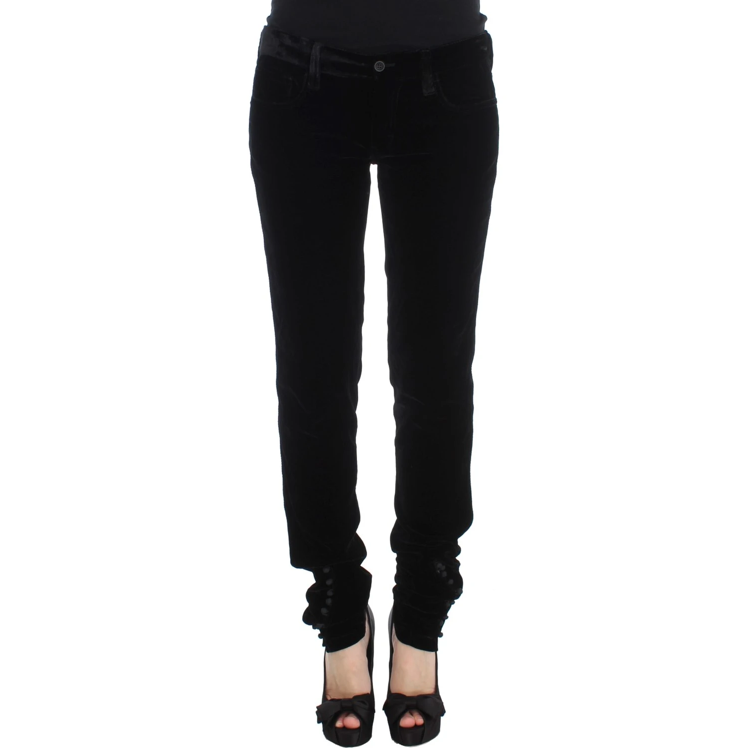 Black Viscose Blend Velvet Slim Fit Pants