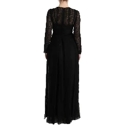 Black Floral Lace Sheath Silk Dress