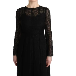 Black Floral Lace Sheath Silk Dress