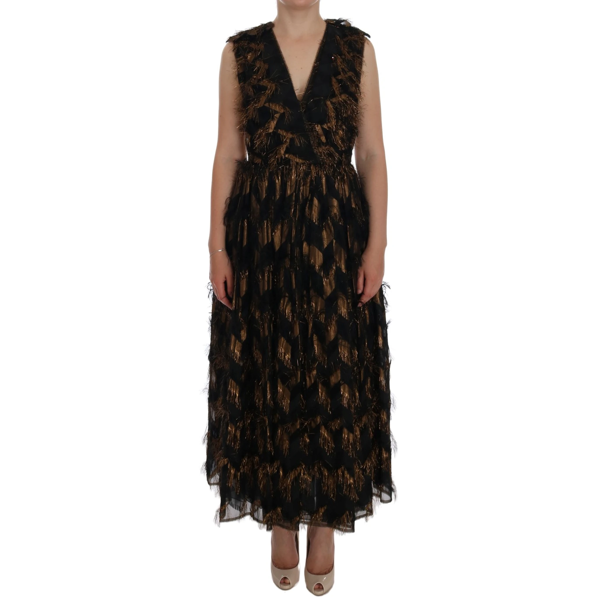 Black Silk Brown Fringes A-Line Dress