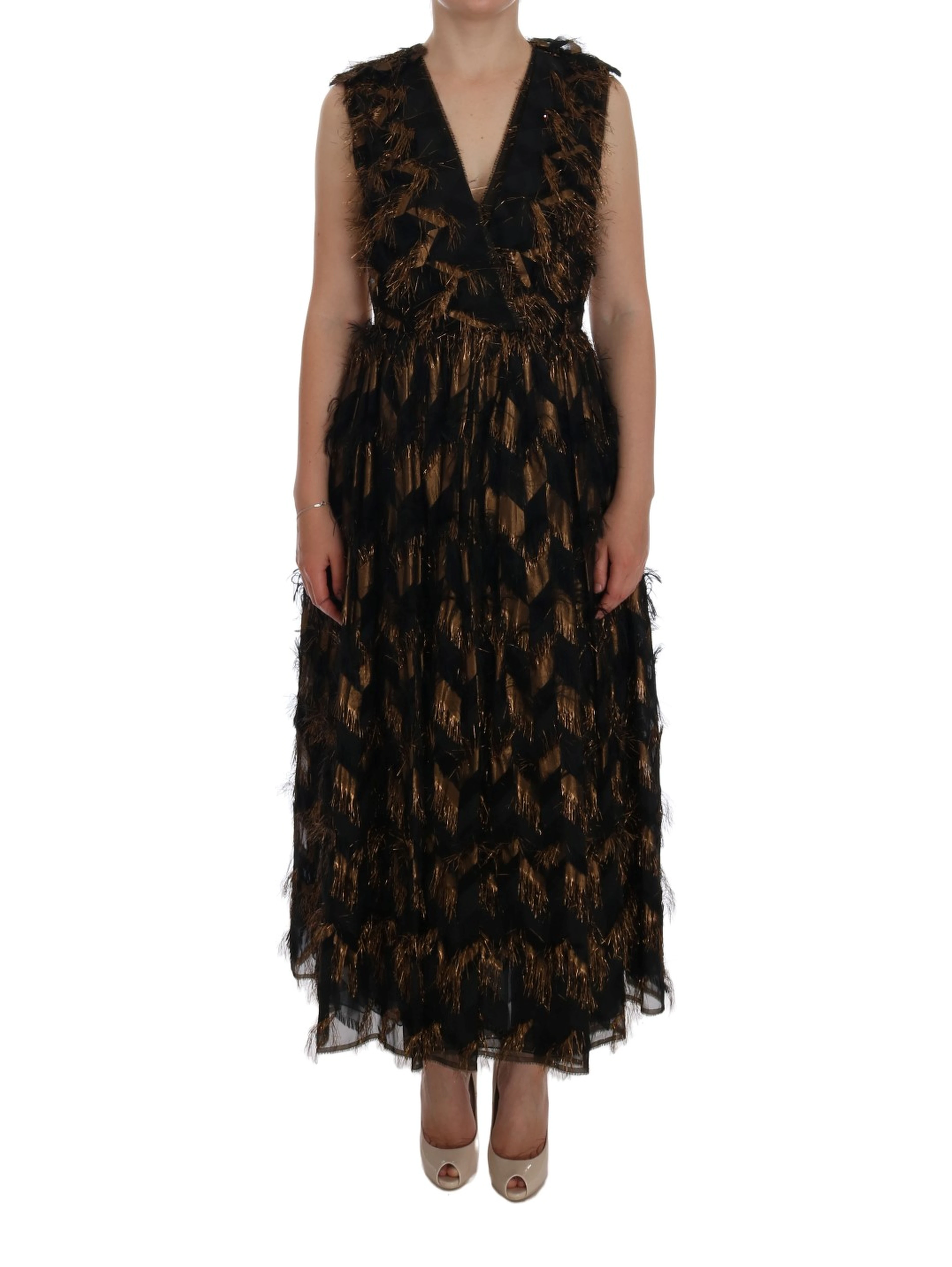 Black Silk Brown Fringes A-Line Dress