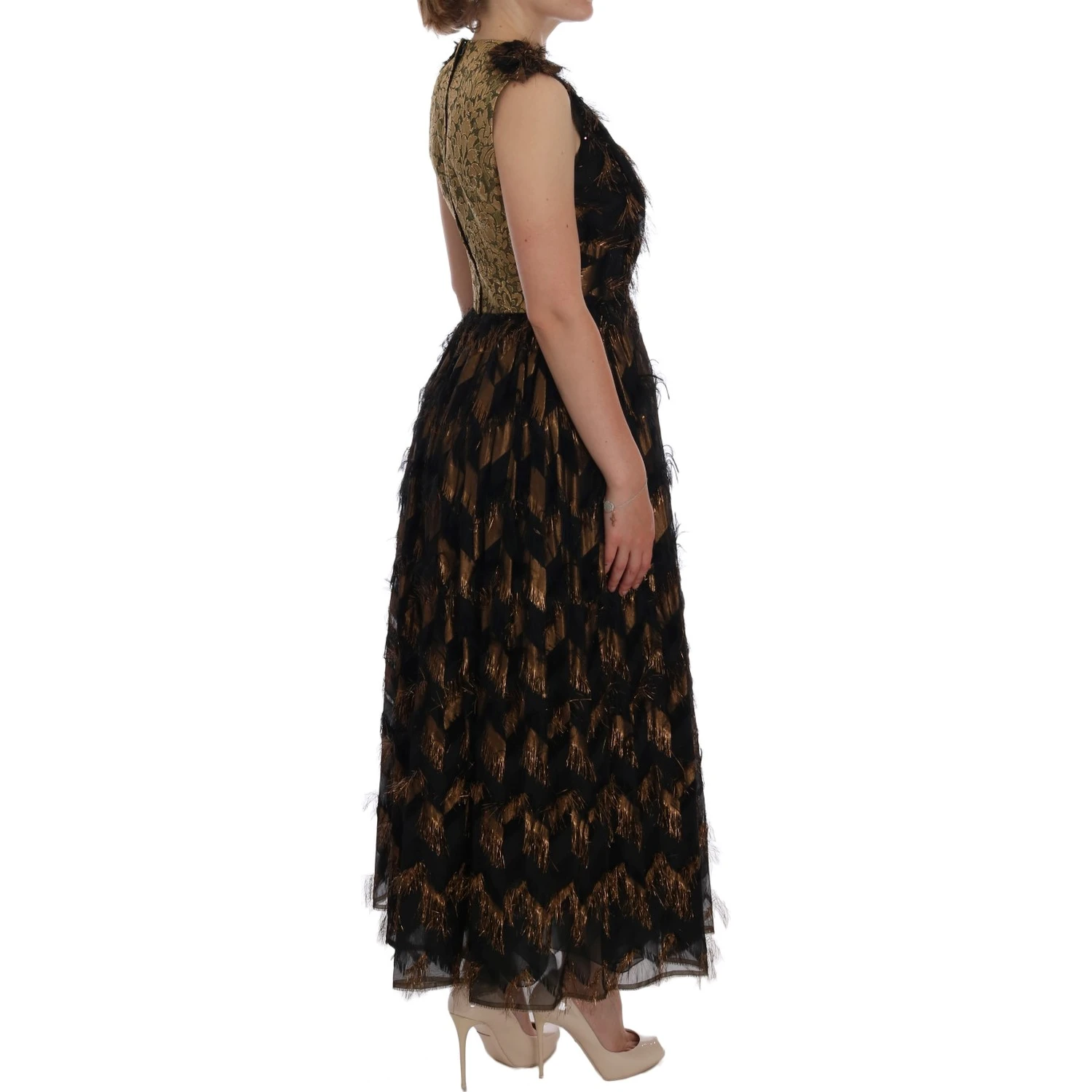 Black Silk Brown Fringes A-Line Dress