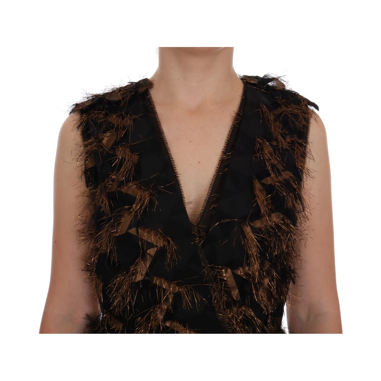 Black Silk Brown Fringes A-Line Dress
