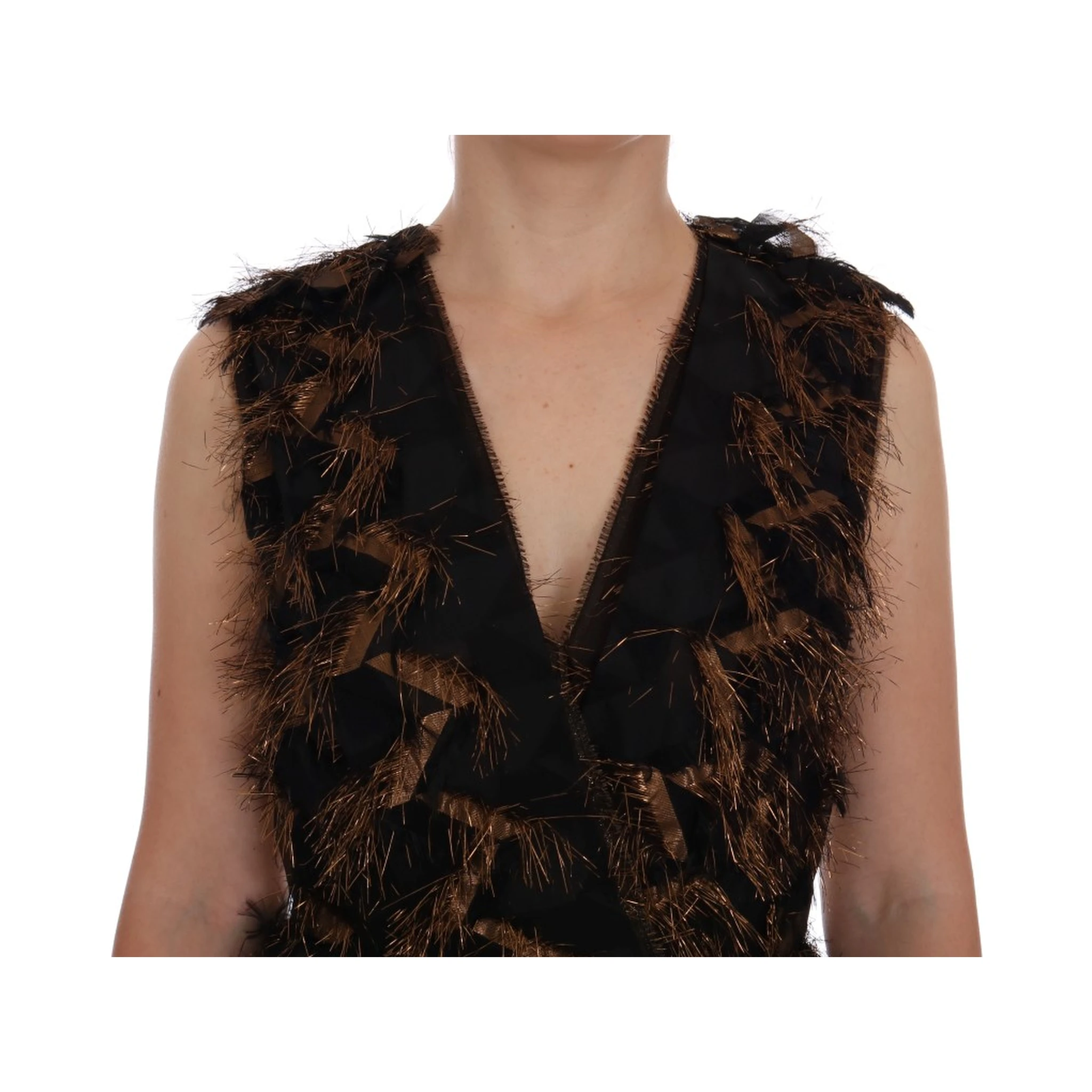 Black Silk Brown Fringes A-Line Dress