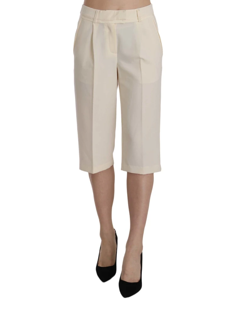 Cream Mid Waist Cotton Straight Cropped Pants