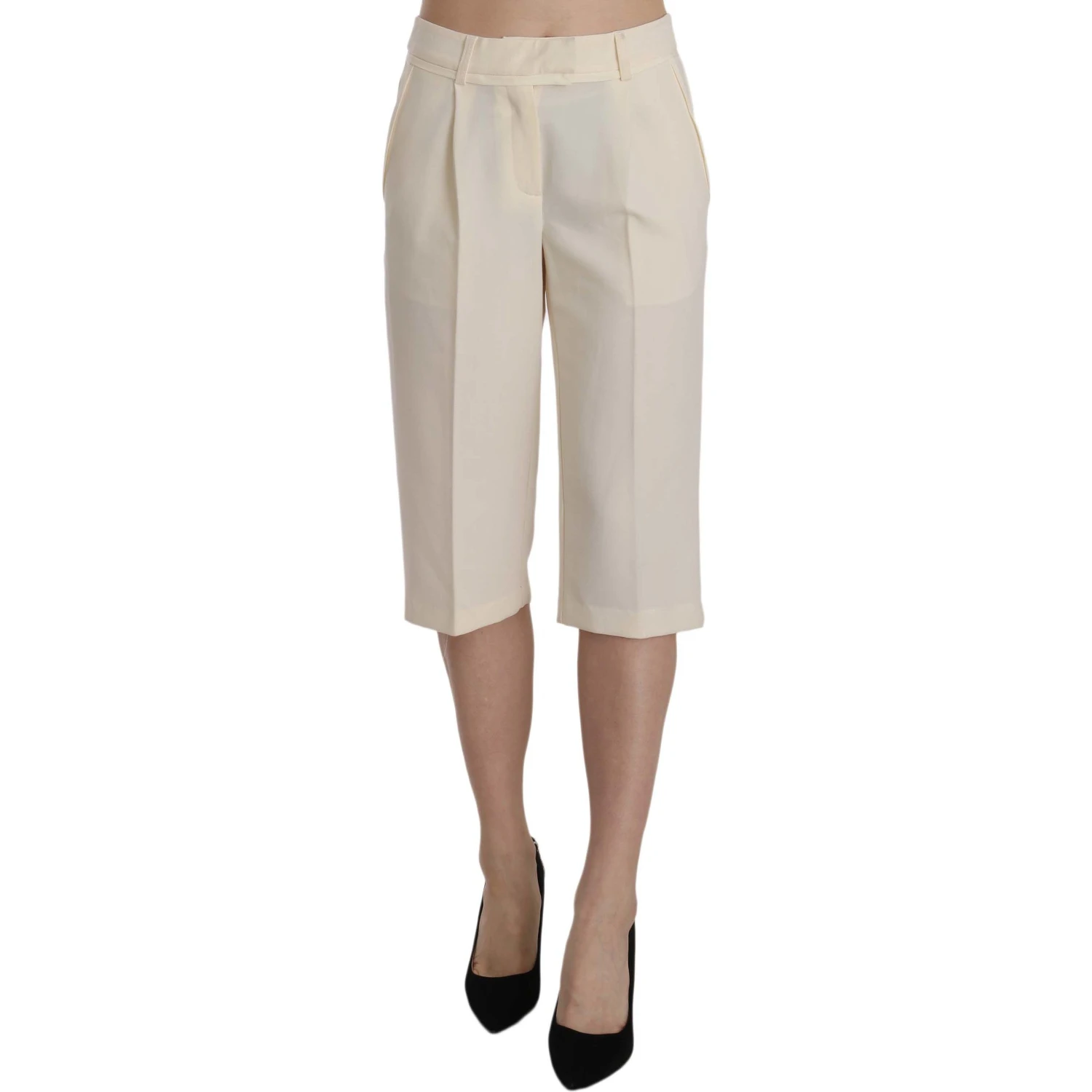 Cream Mid Waist Cotton Straight Cropped Pants