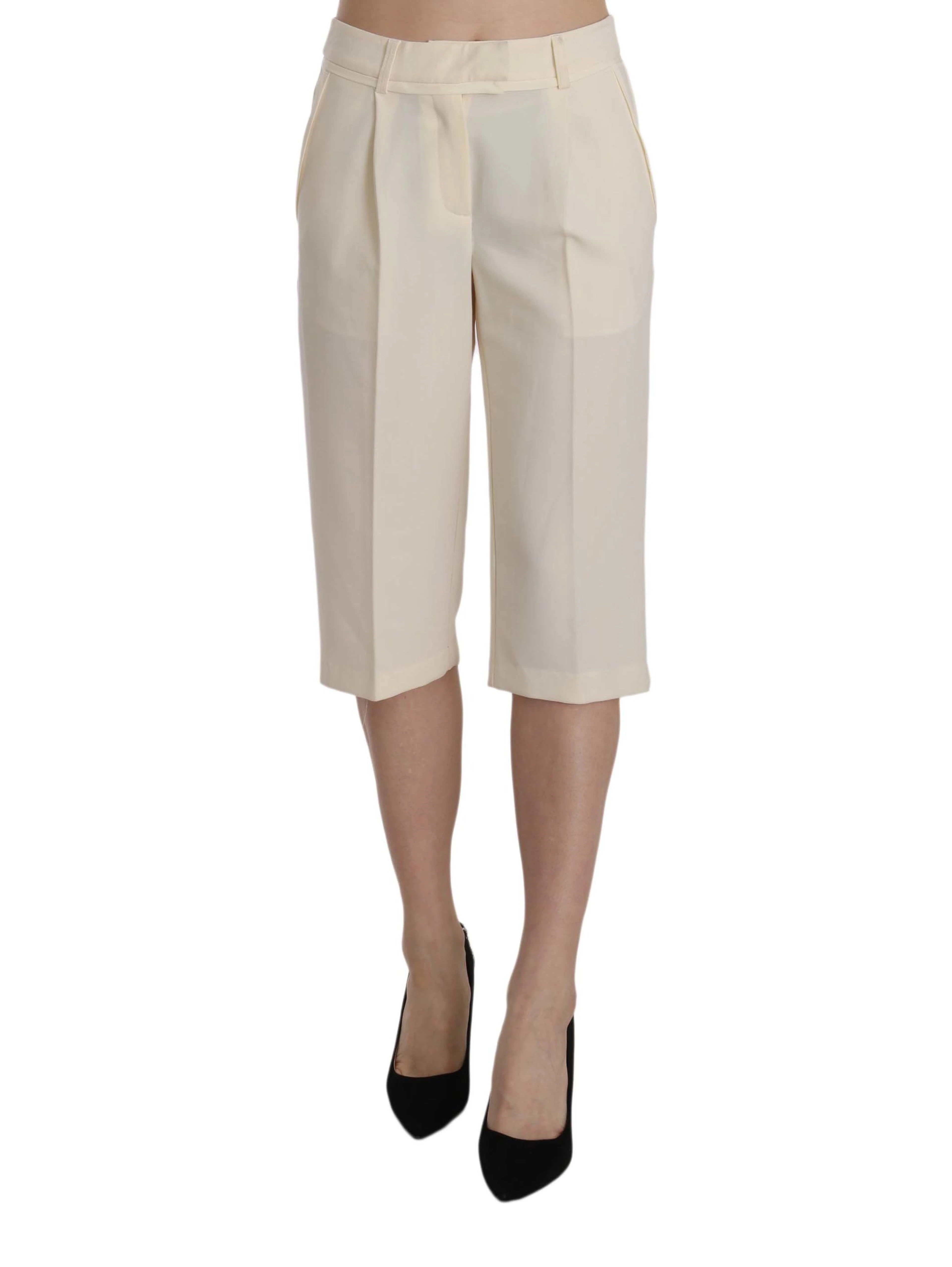 Cream Mid Waist Cotton Straight Cropped Pants