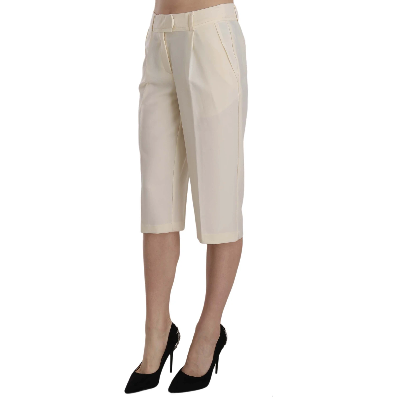 Cream Mid Waist Cotton Straight Cropped Pants