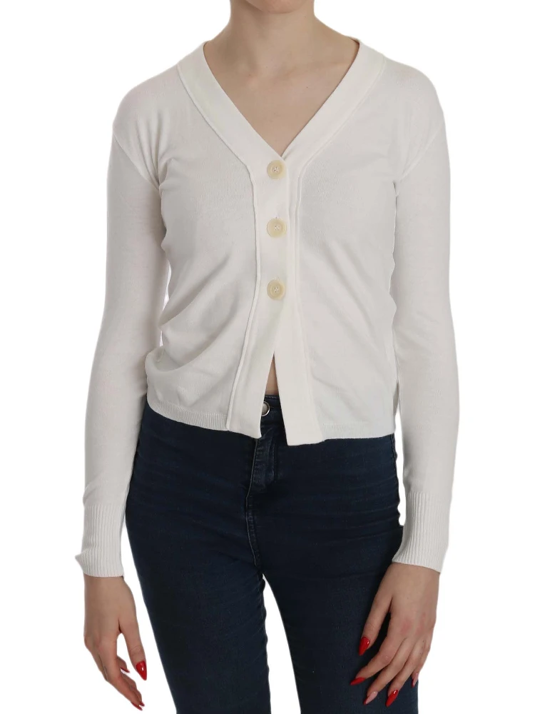 White V-neck Long Sleeve Cropped Cardigan Tops Sweater