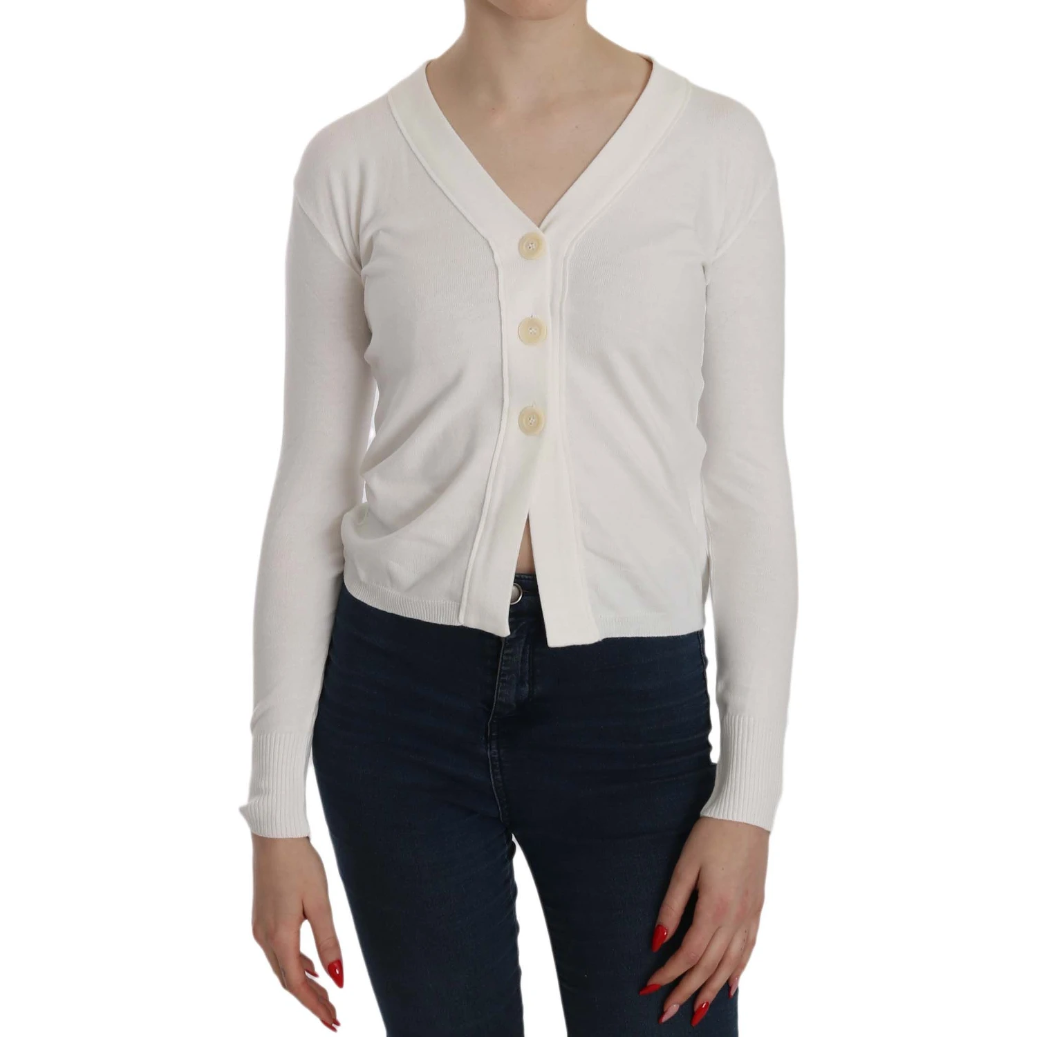 White V-neck Long Sleeve Cropped Cardigan Tops Sweater