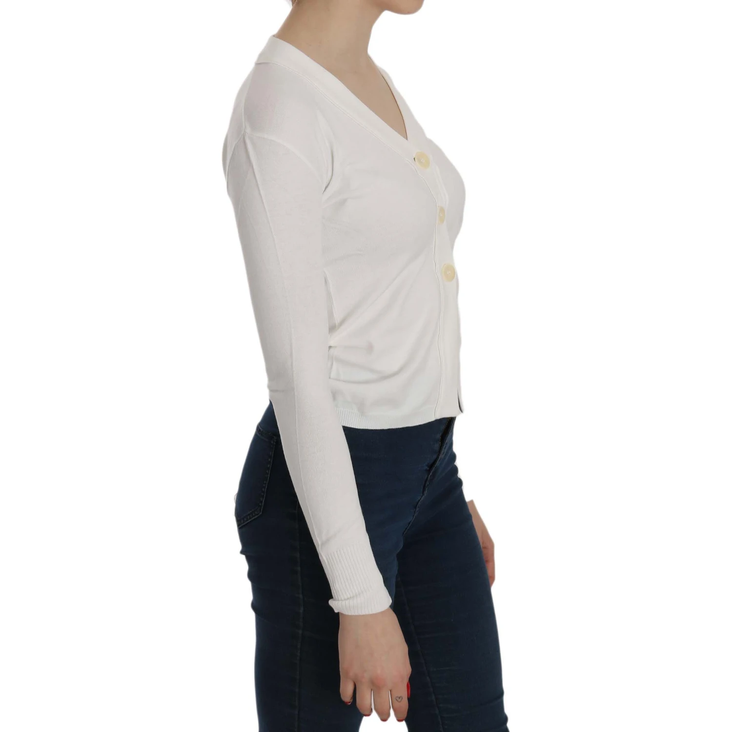 White V-neck Long Sleeve Cropped Cardigan Tops Sweater
