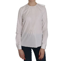 White Crew Neck Long Sleeve Cotton Blouse