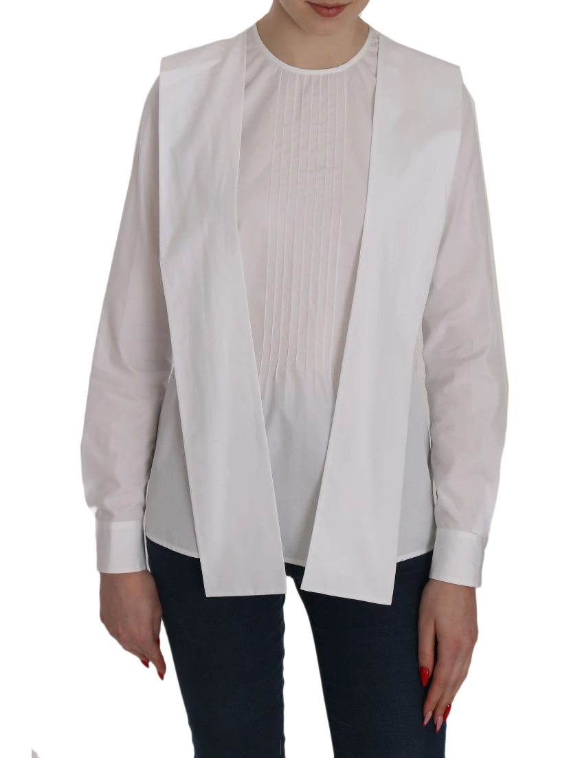 White Crew Neck Long Sleeve Cotton Blouse