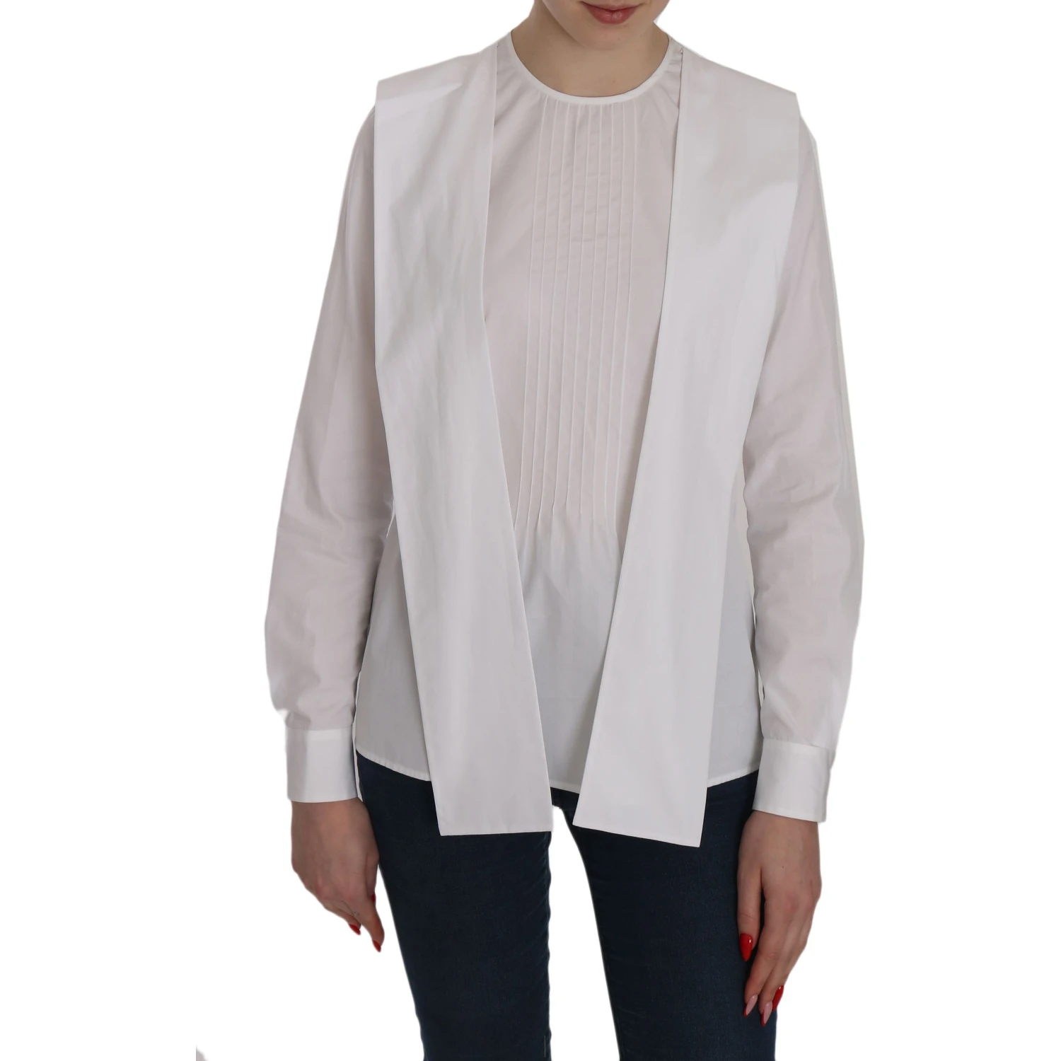White Crew Neck Long Sleeve Cotton Blouse