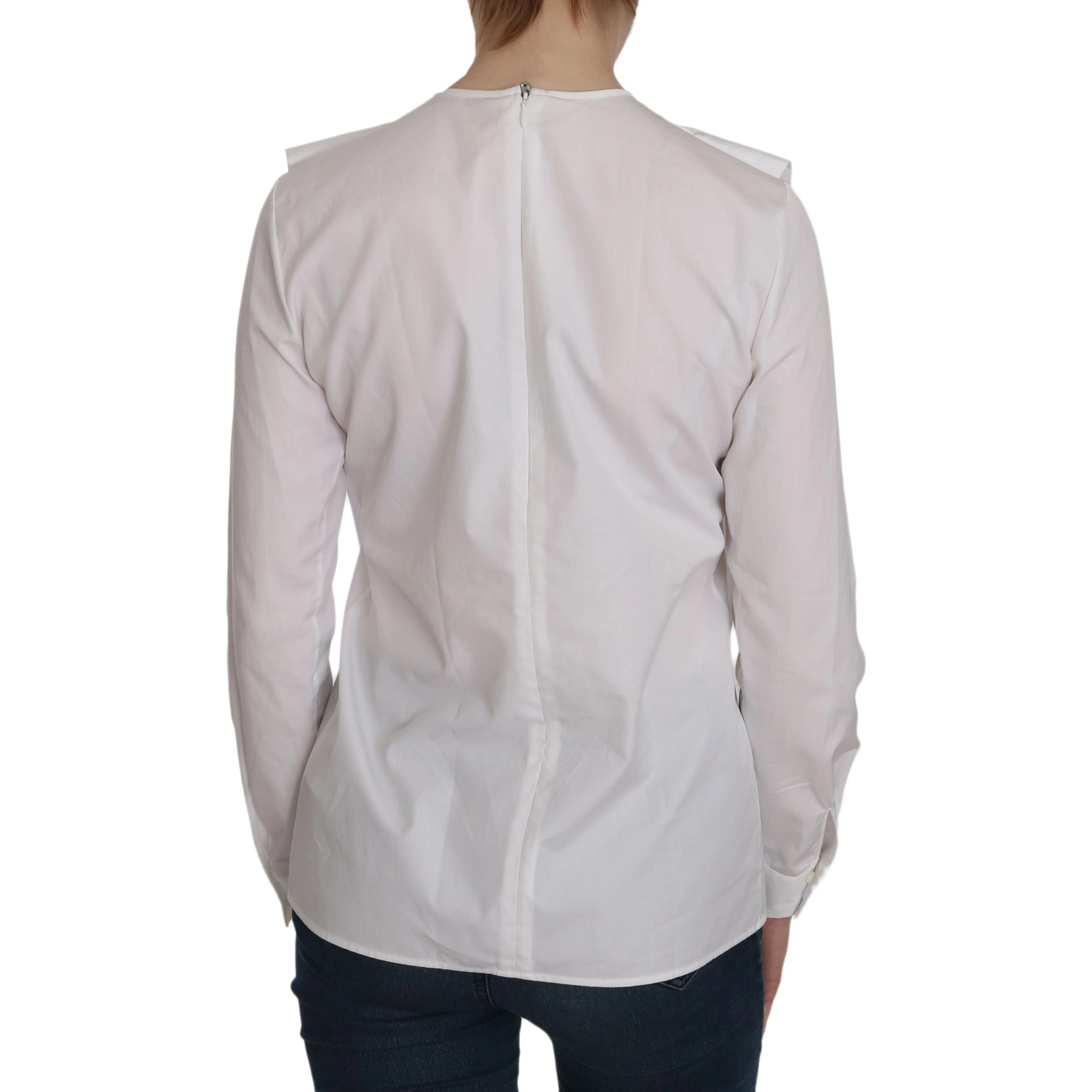 White Crew Neck Long Sleeve Cotton Blouse