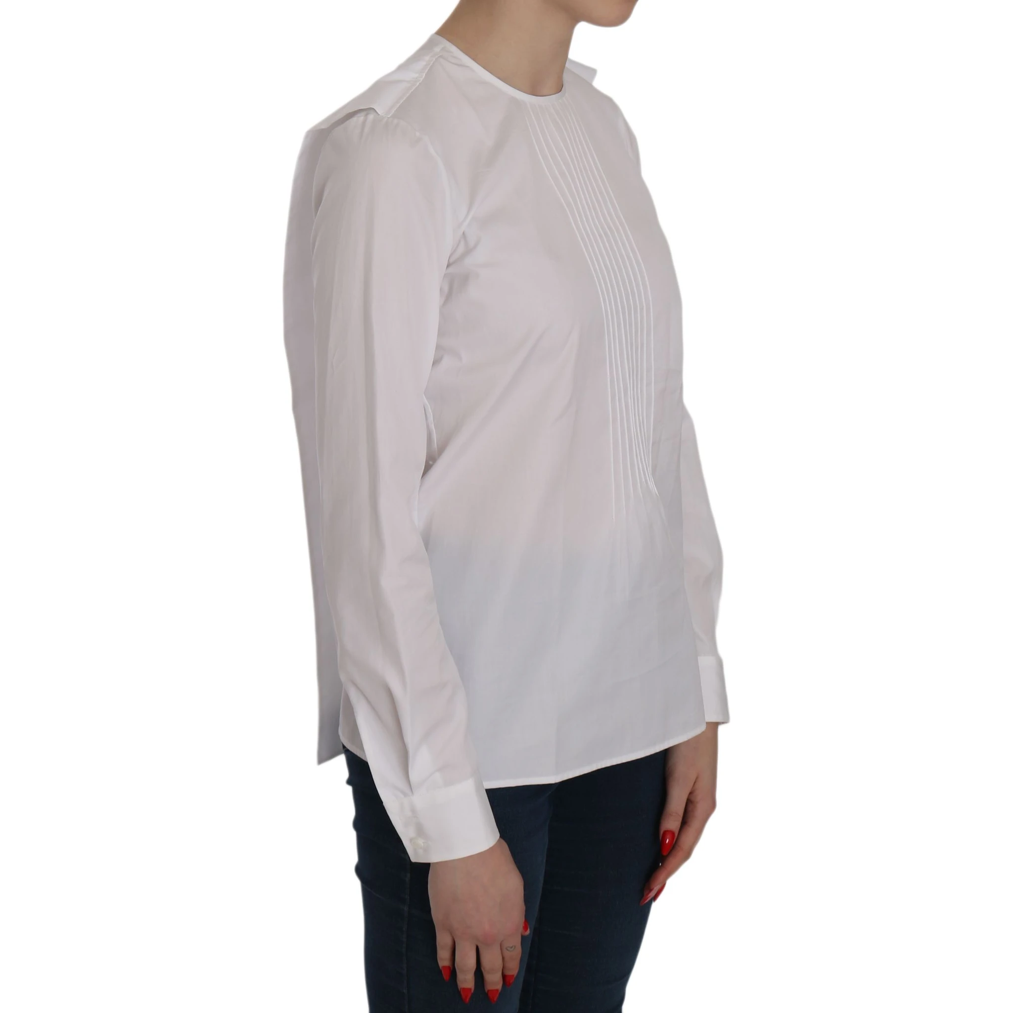 White Crew Neck Long Sleeve Cotton Blouse