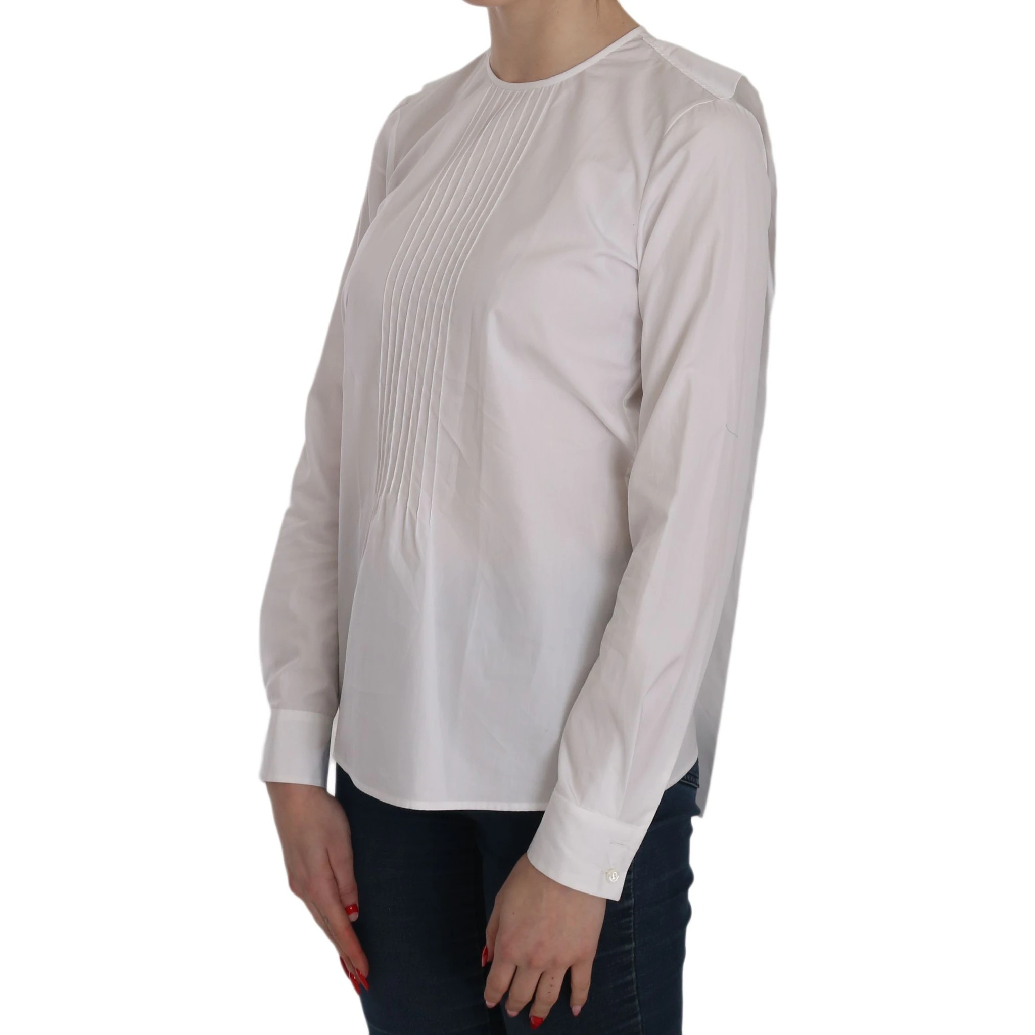 White Crew Neck Long Sleeve Cotton Blouse