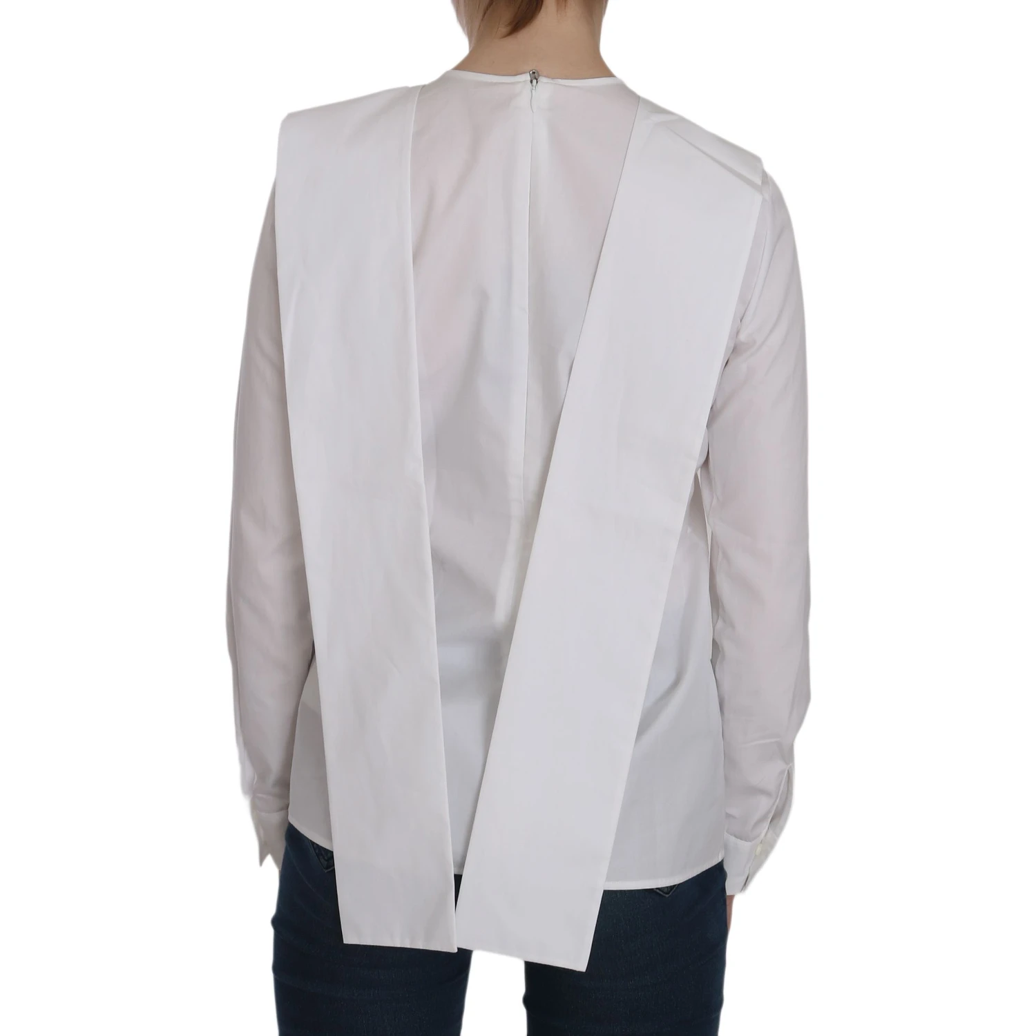 White Crew Neck Long Sleeve Cotton Blouse
