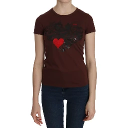 Brown Heart Print Crew Neck T-shirt Short Sleeve Blouse