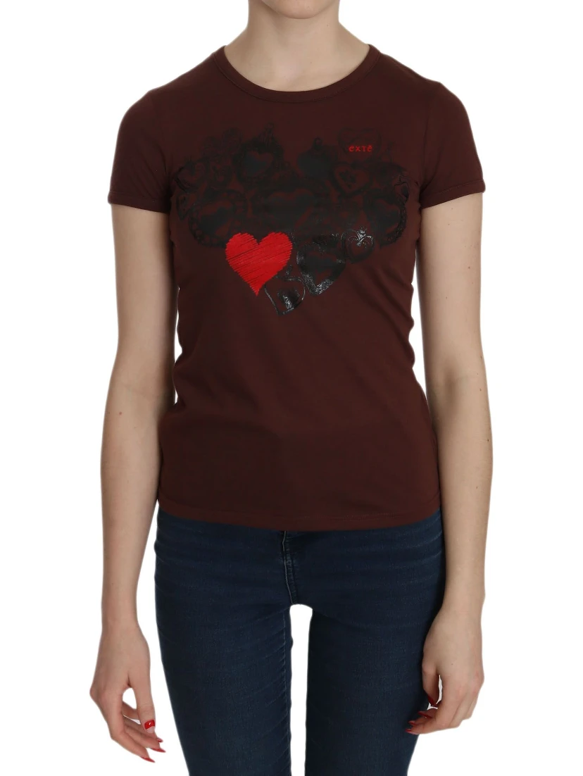 Brown Heart Print Crew Neck T-shirt Short Sleeve Blouse