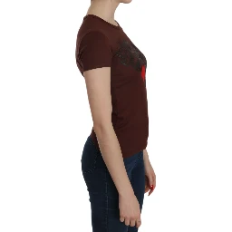 Brown Heart Print Crew Neck T-shirt Short Sleeve Blouse