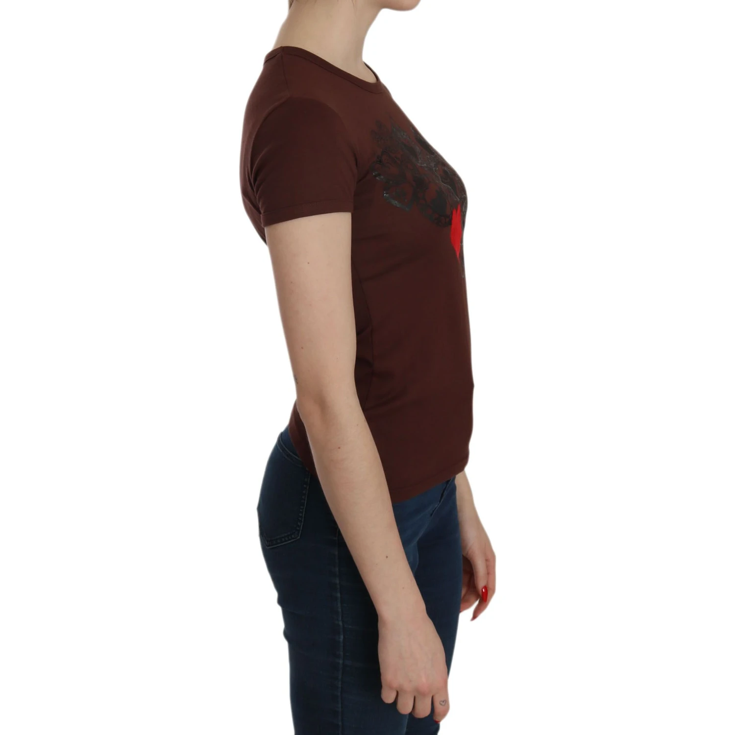 Brown Heart Print Crew Neck T-shirt Short Sleeve Blouse