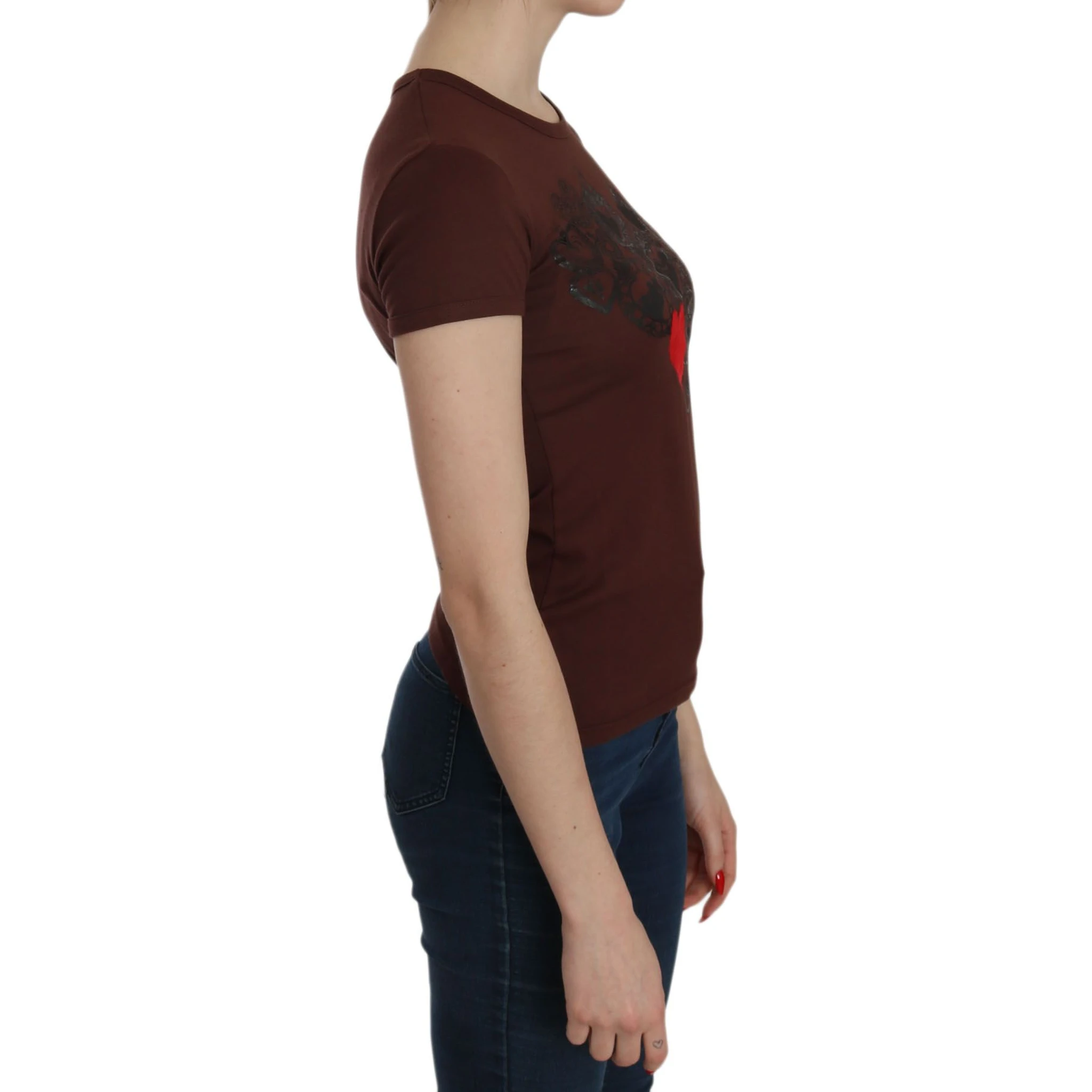 Brown Heart Print Crew Neck T-shirt Short Sleeve Blouse