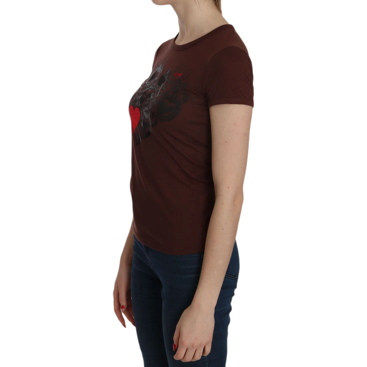 Brown Heart Print Crew Neck T-shirt Short Sleeve Blouse