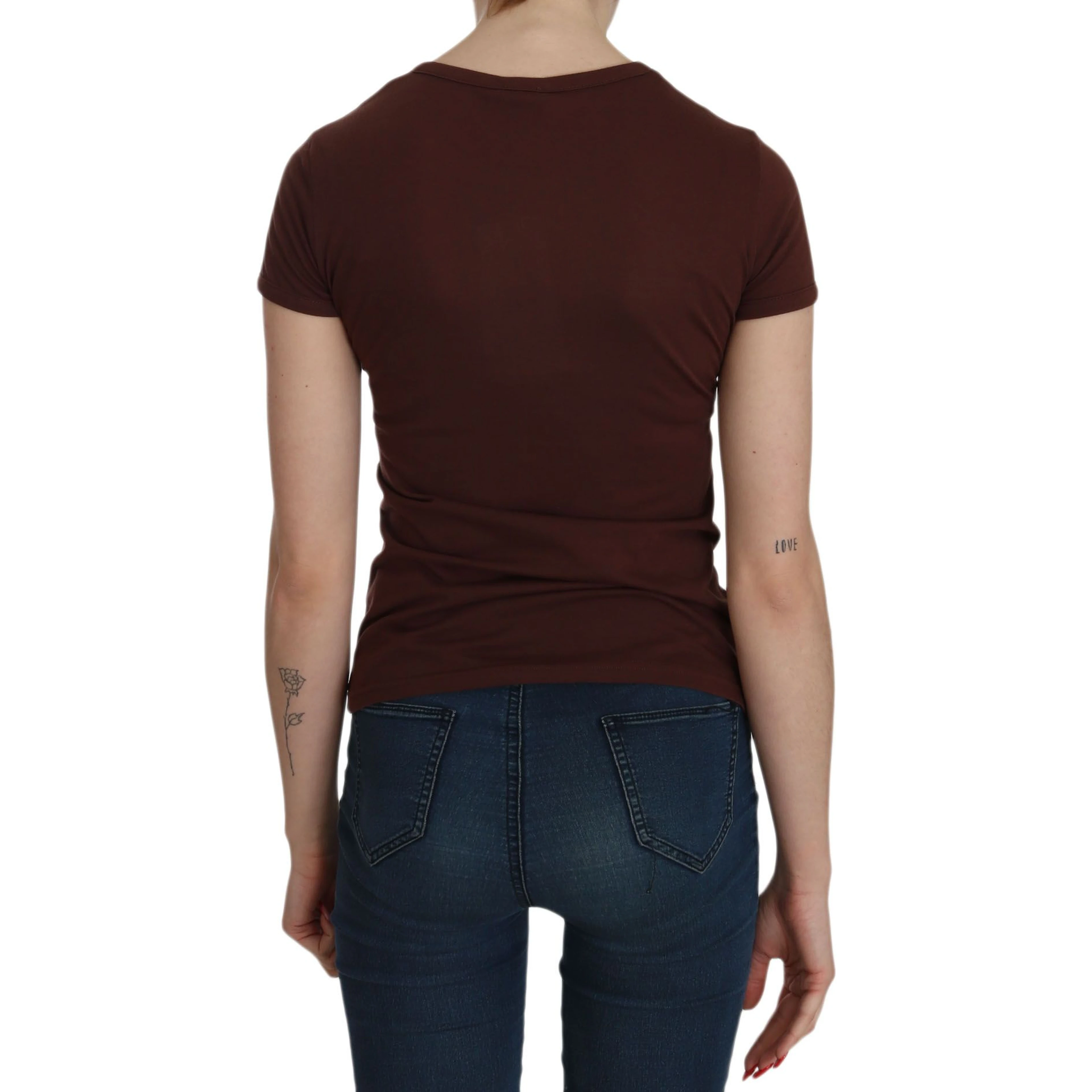 Brown Heart Print Crew Neck T-shirt Short Sleeve Blouse
