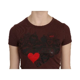 Brown Heart Print Crew Neck T-shirt Short Sleeve Blouse