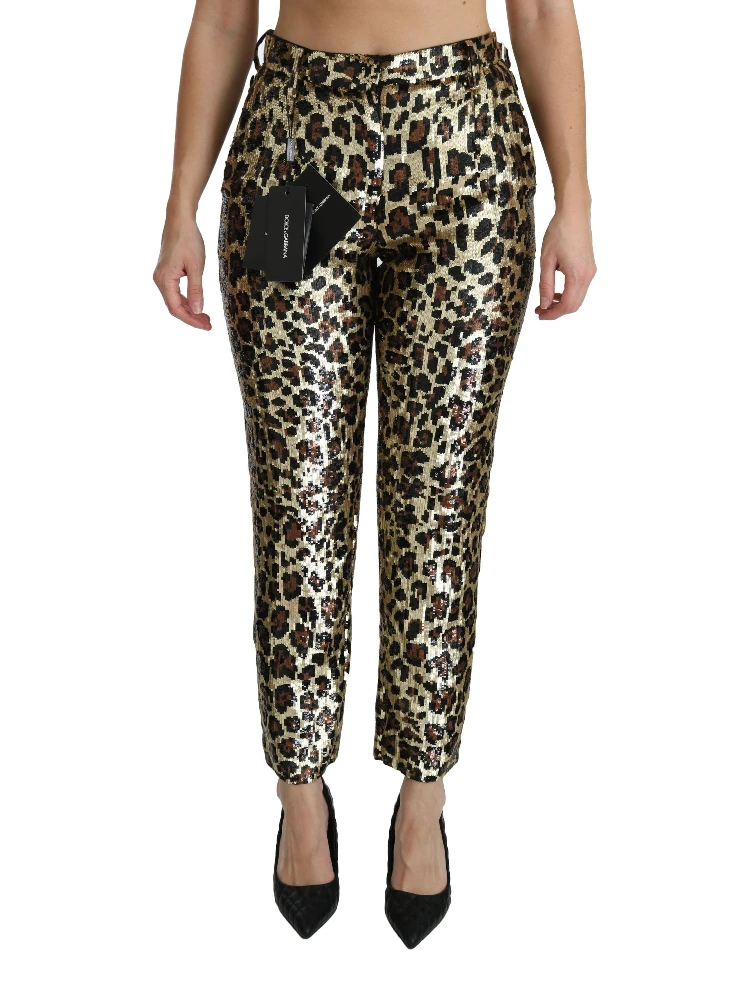 Brown Leopard Sequined High Waist Pants