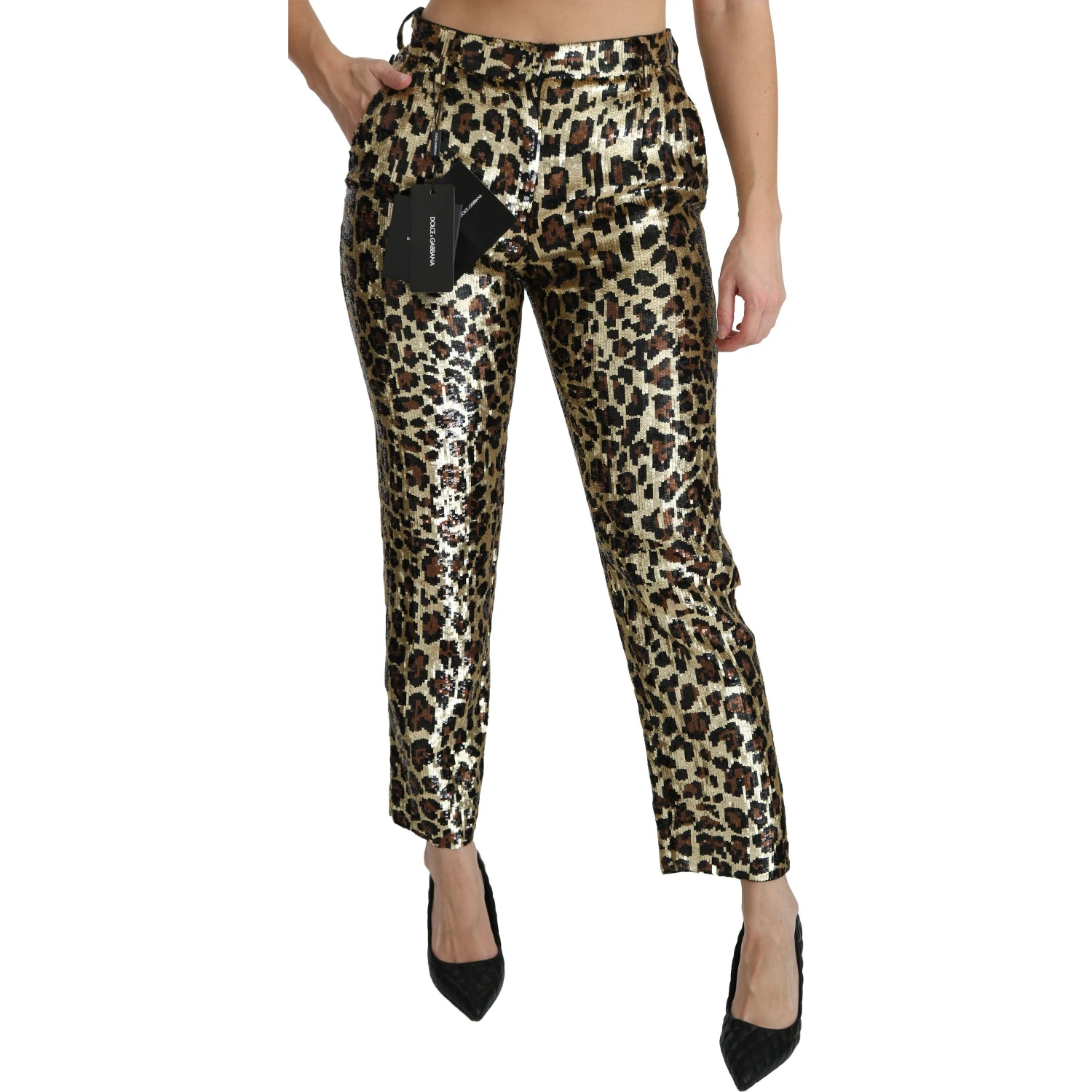 Brown Leopard Sequined High Waist Pants