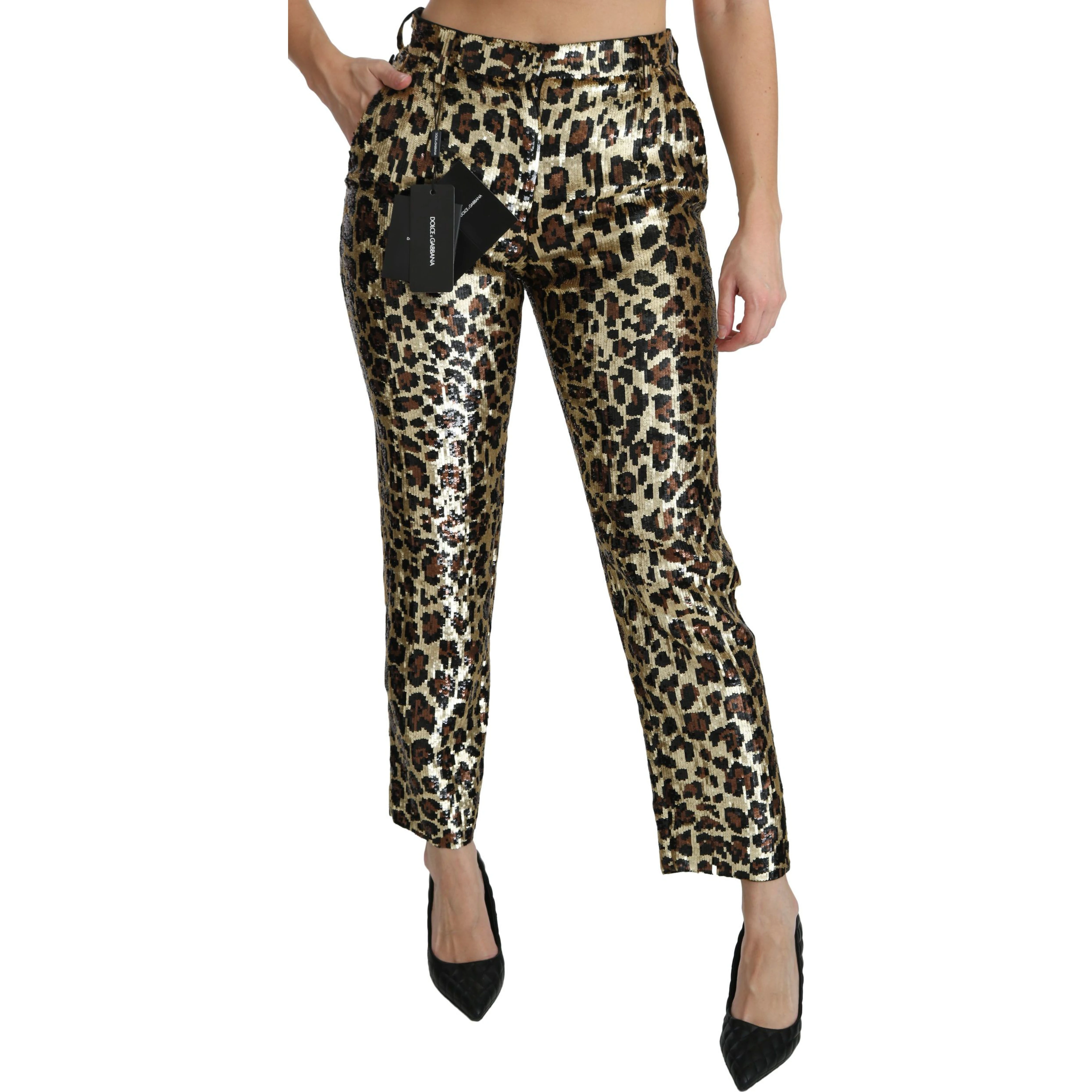 Brown Leopard Sequined High Waist Pants