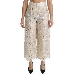 Cream Lace High Waist Palazzo Cropped Pants