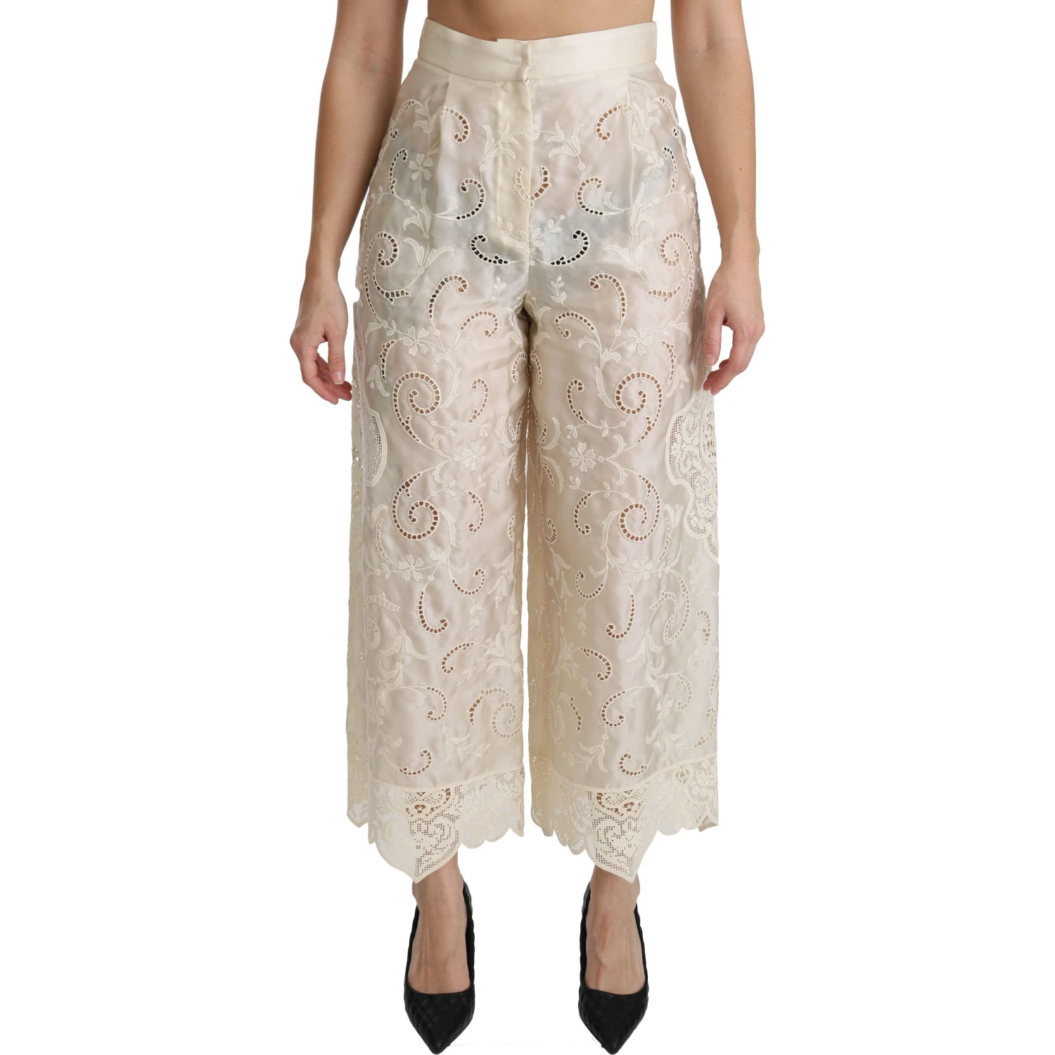 Cream Lace High Waist Palazzo Cropped Pants