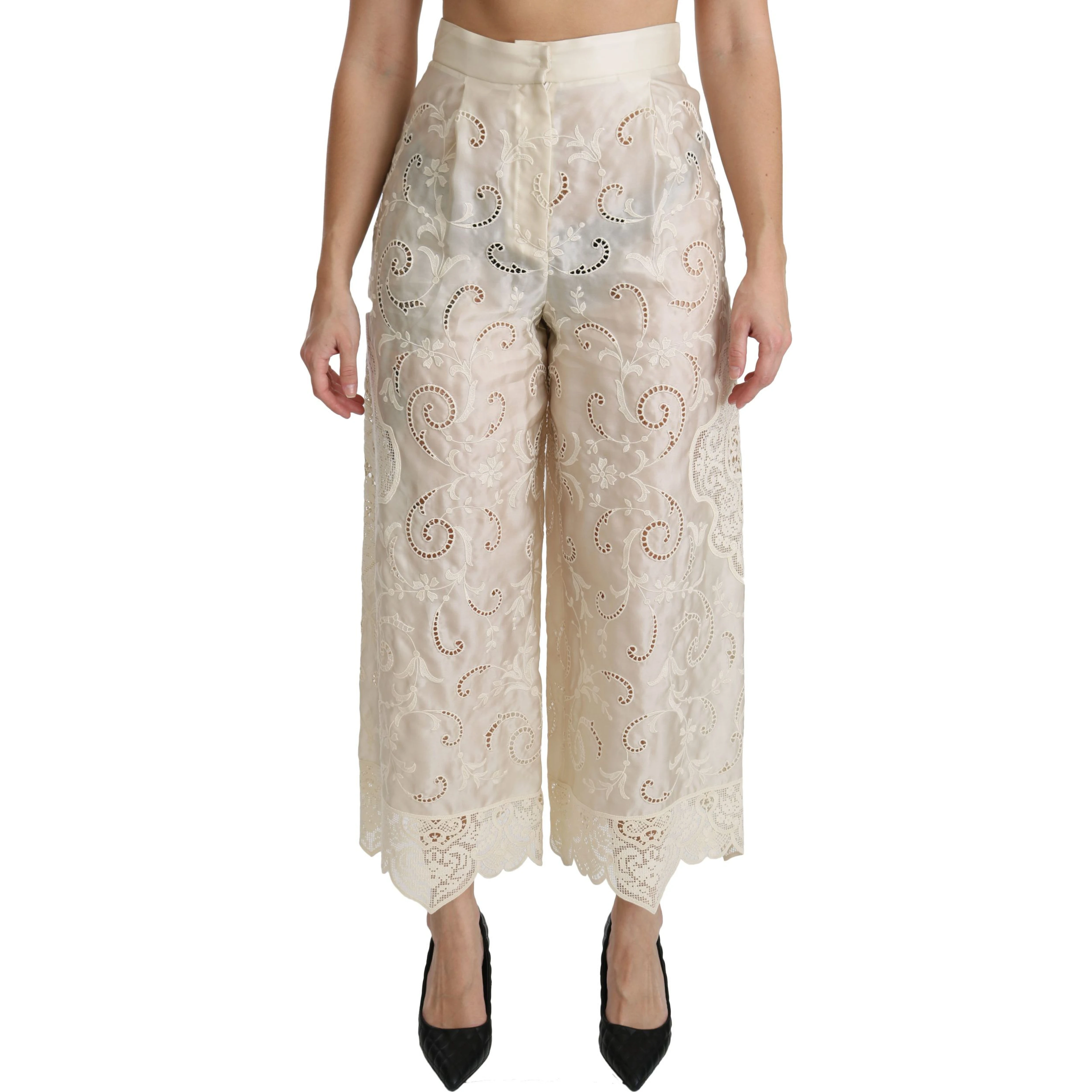 Cream Lace High Waist Palazzo Cropped Pants