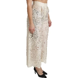 Cream Lace High Waist Palazzo Cropped Pants