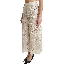 Cream Lace High Waist Palazzo Cropped Pants