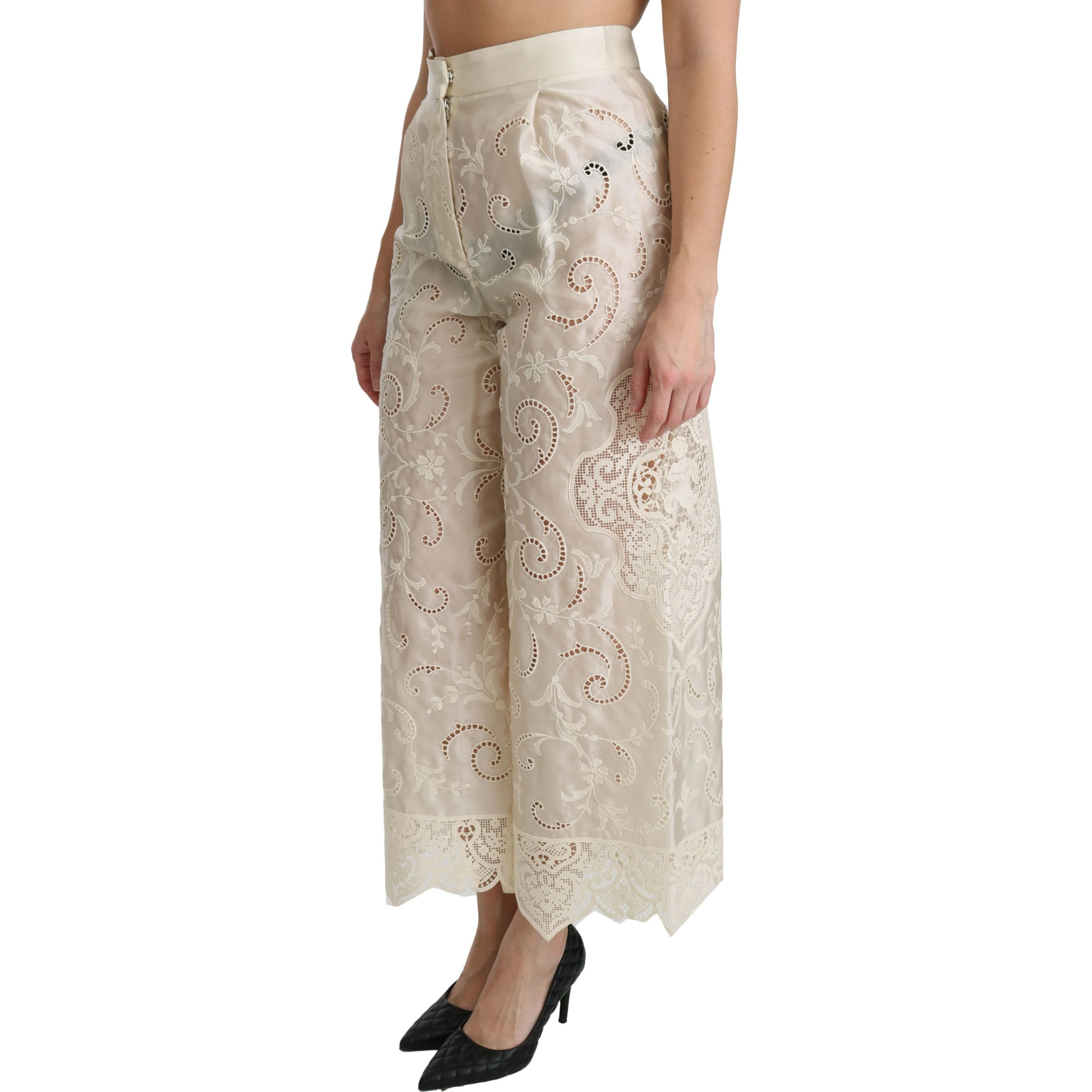 Cream Lace High Waist Palazzo Cropped Pants