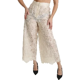 Cream Lace High Waist Palazzo Cropped Pants