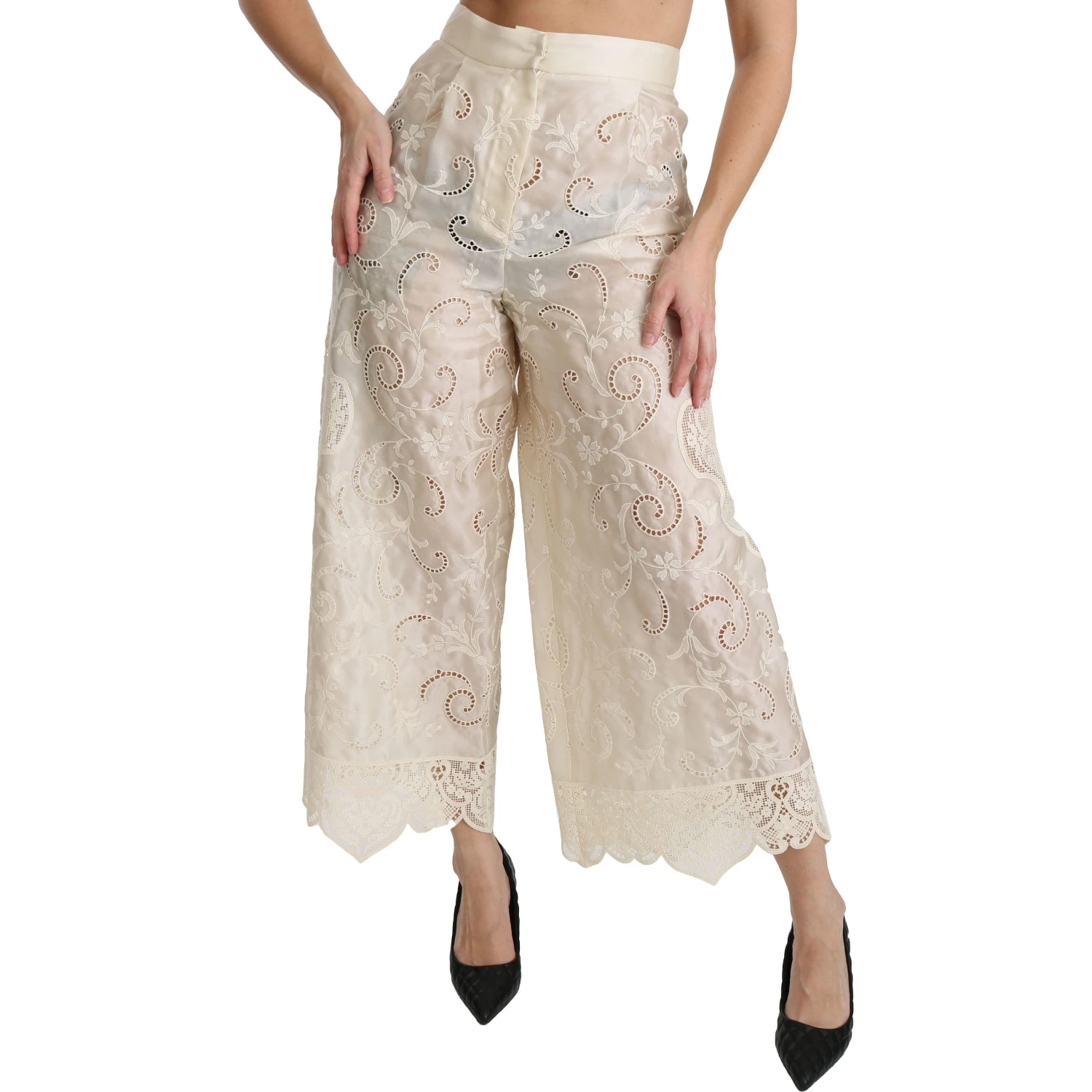 Cream Lace High Waist Palazzo Cropped Pants