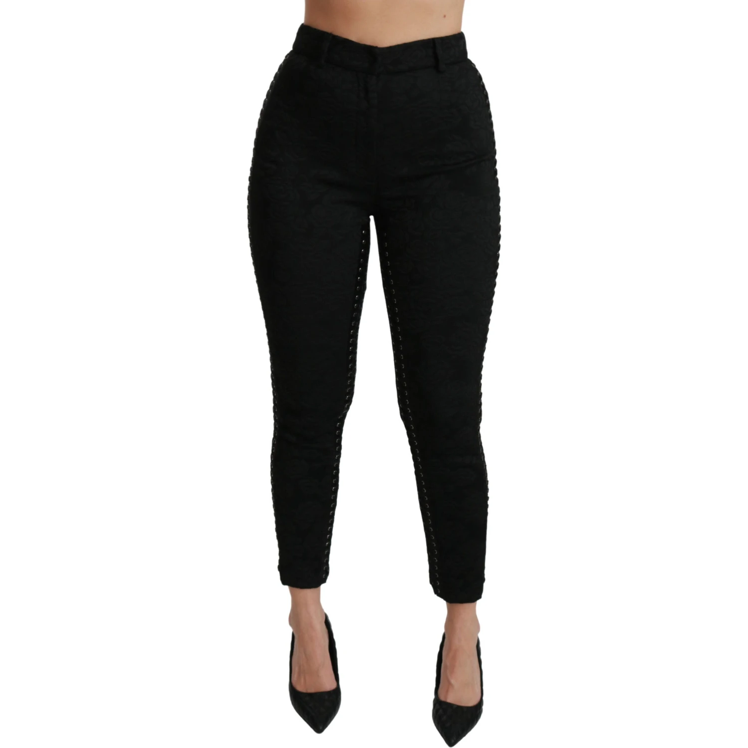 Black Brocade Skinny High Waist Pants