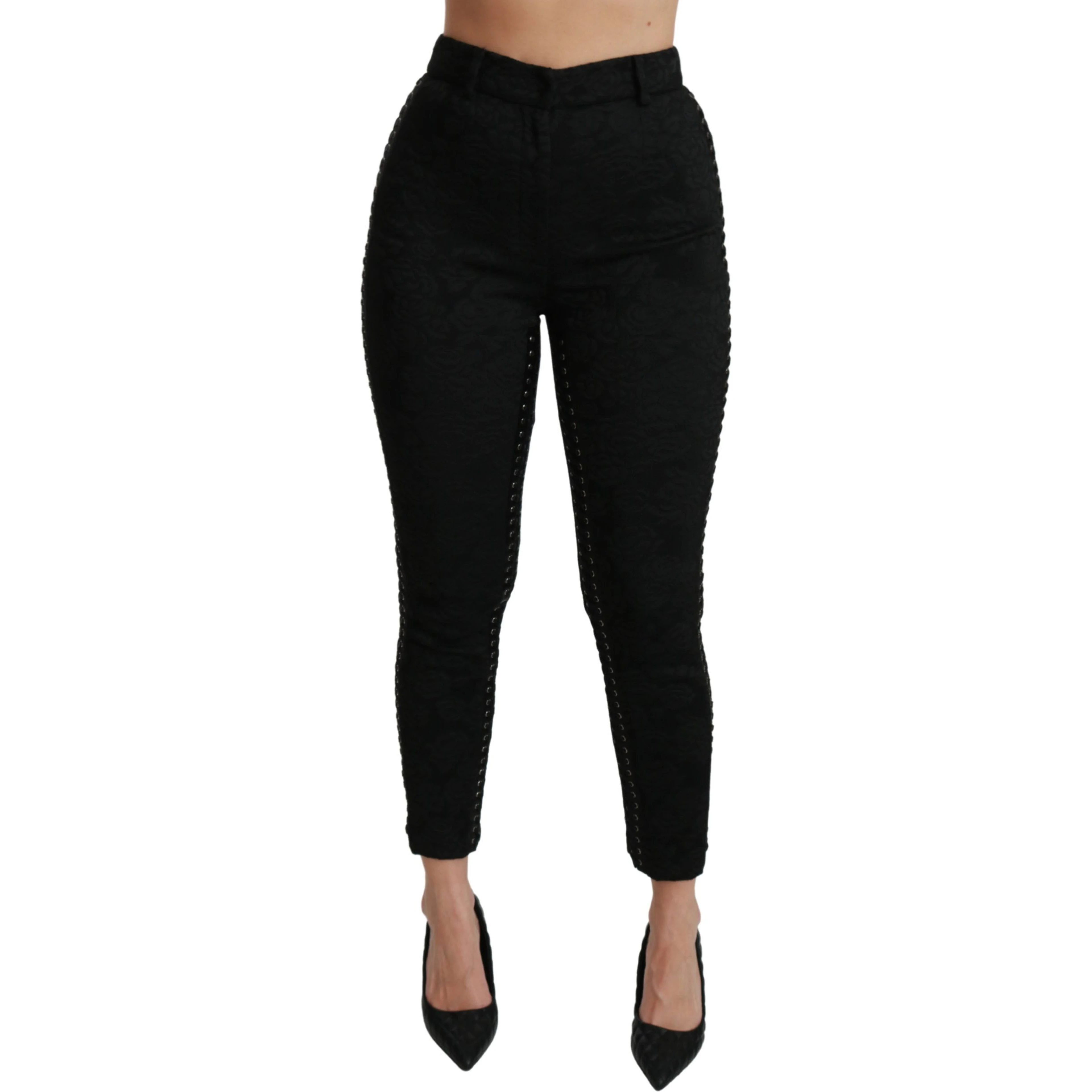 Black Brocade Skinny High Waist Pants