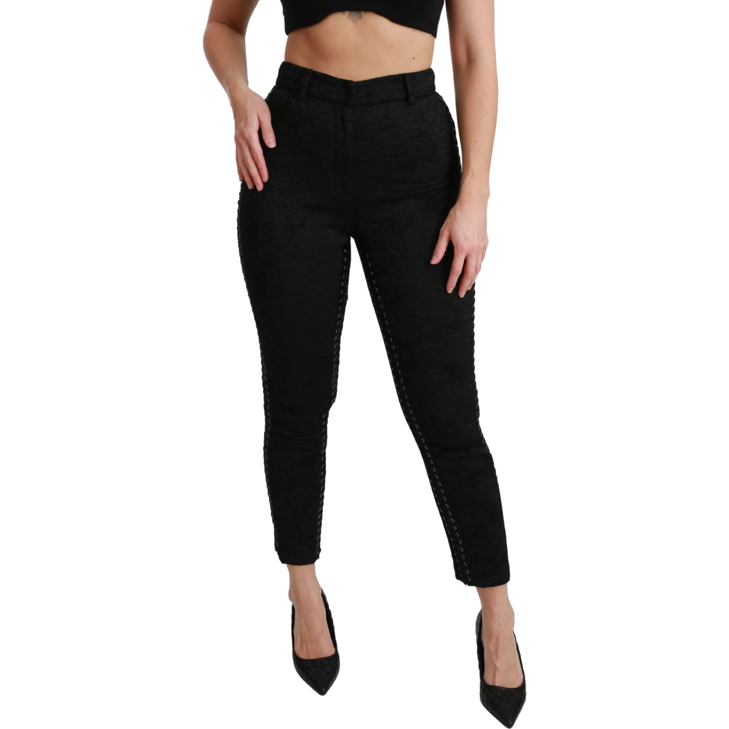 Black Brocade Skinny High Waist Pants