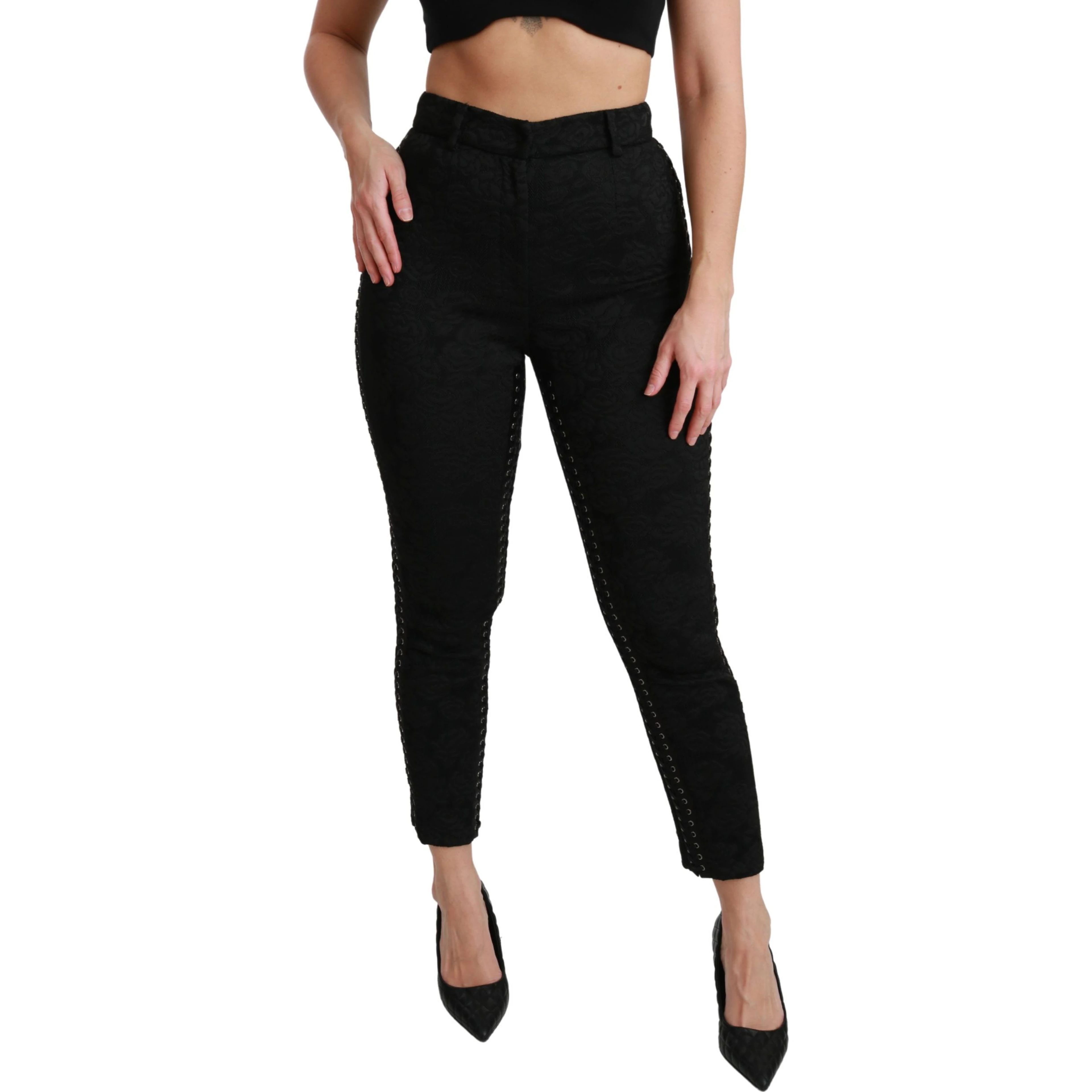 Black Brocade Skinny High Waist Pants