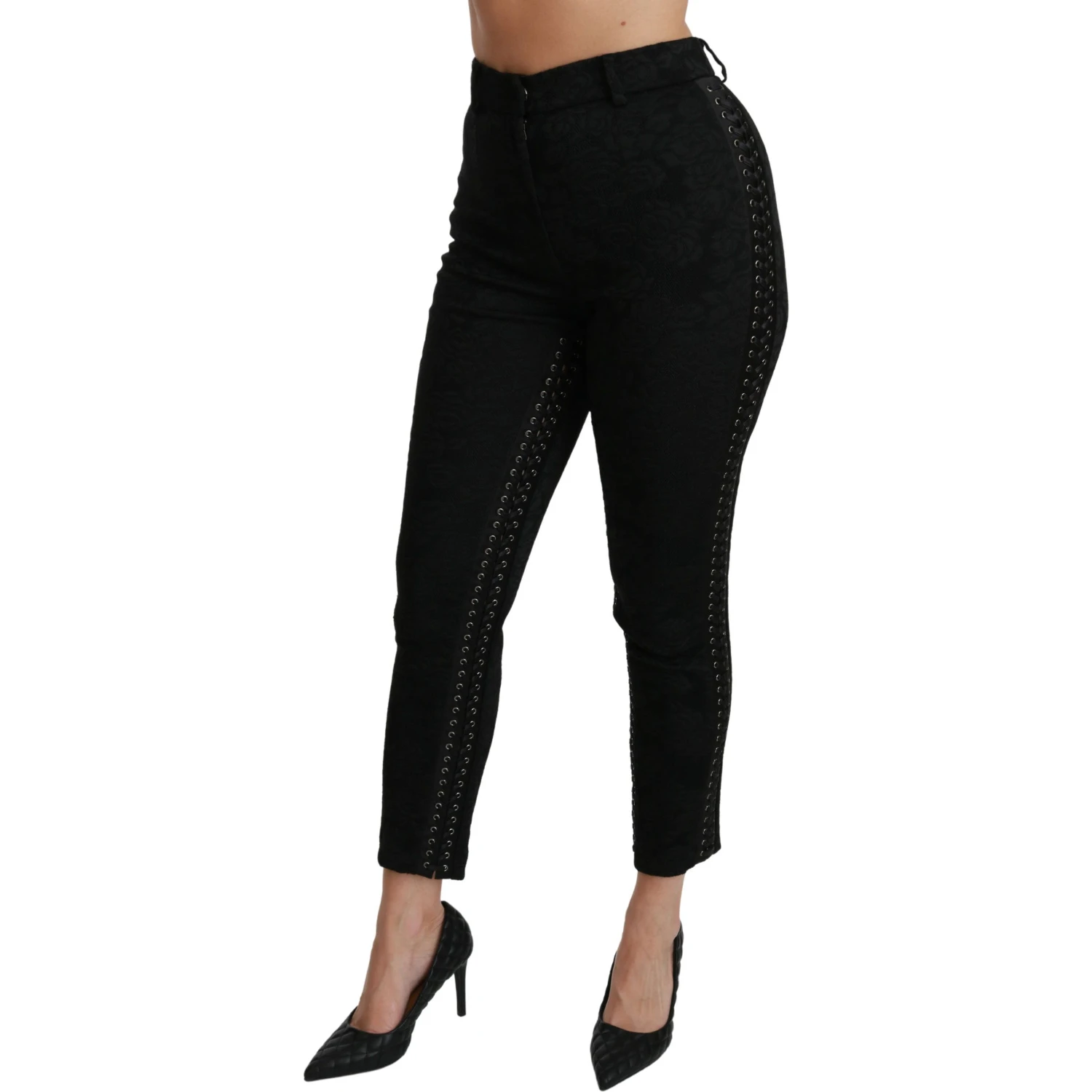 Black Brocade Skinny High Waist Pants