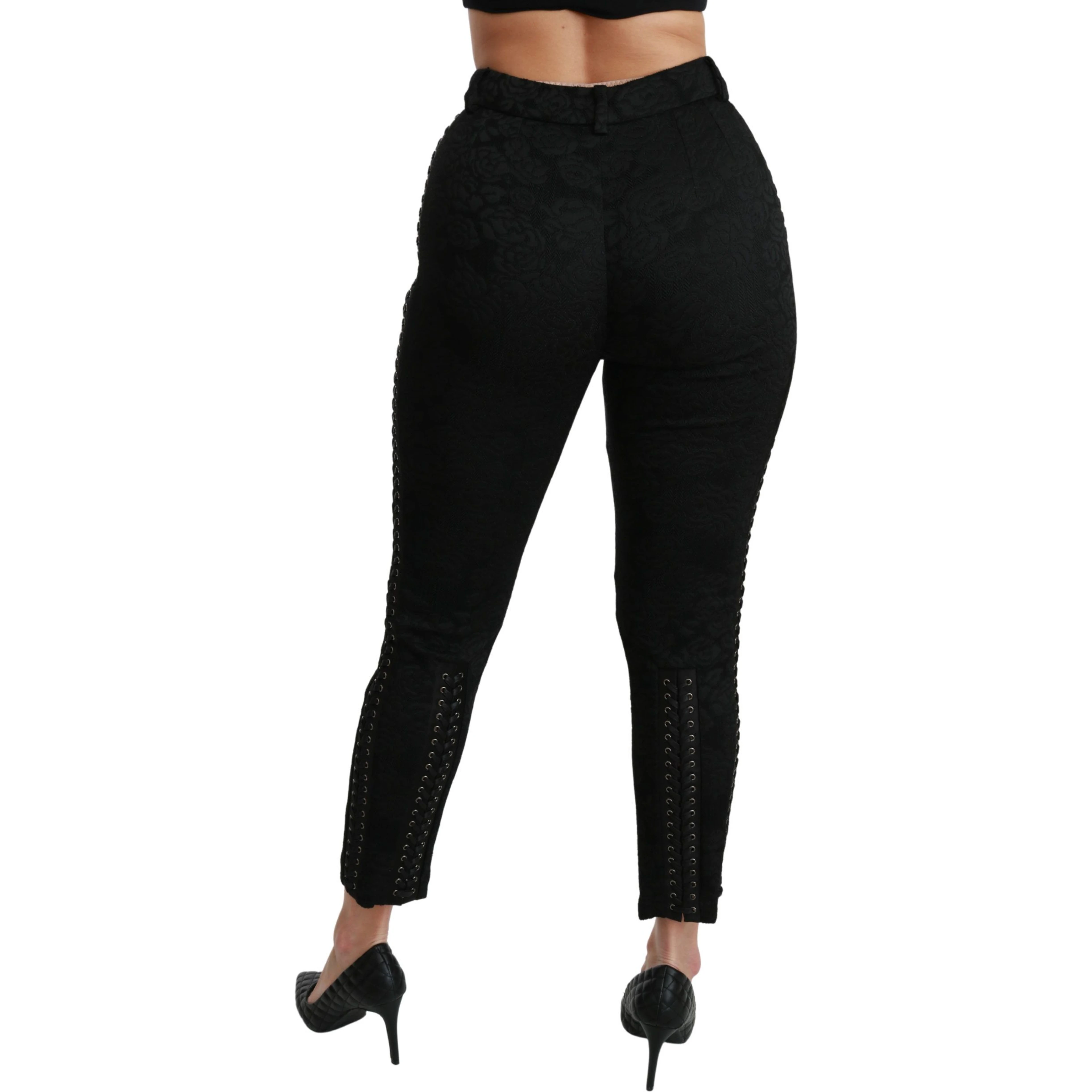 Black Brocade Skinny High Waist Pants