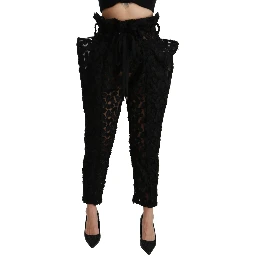 Black Floral Lace Tapered High Waist Pants