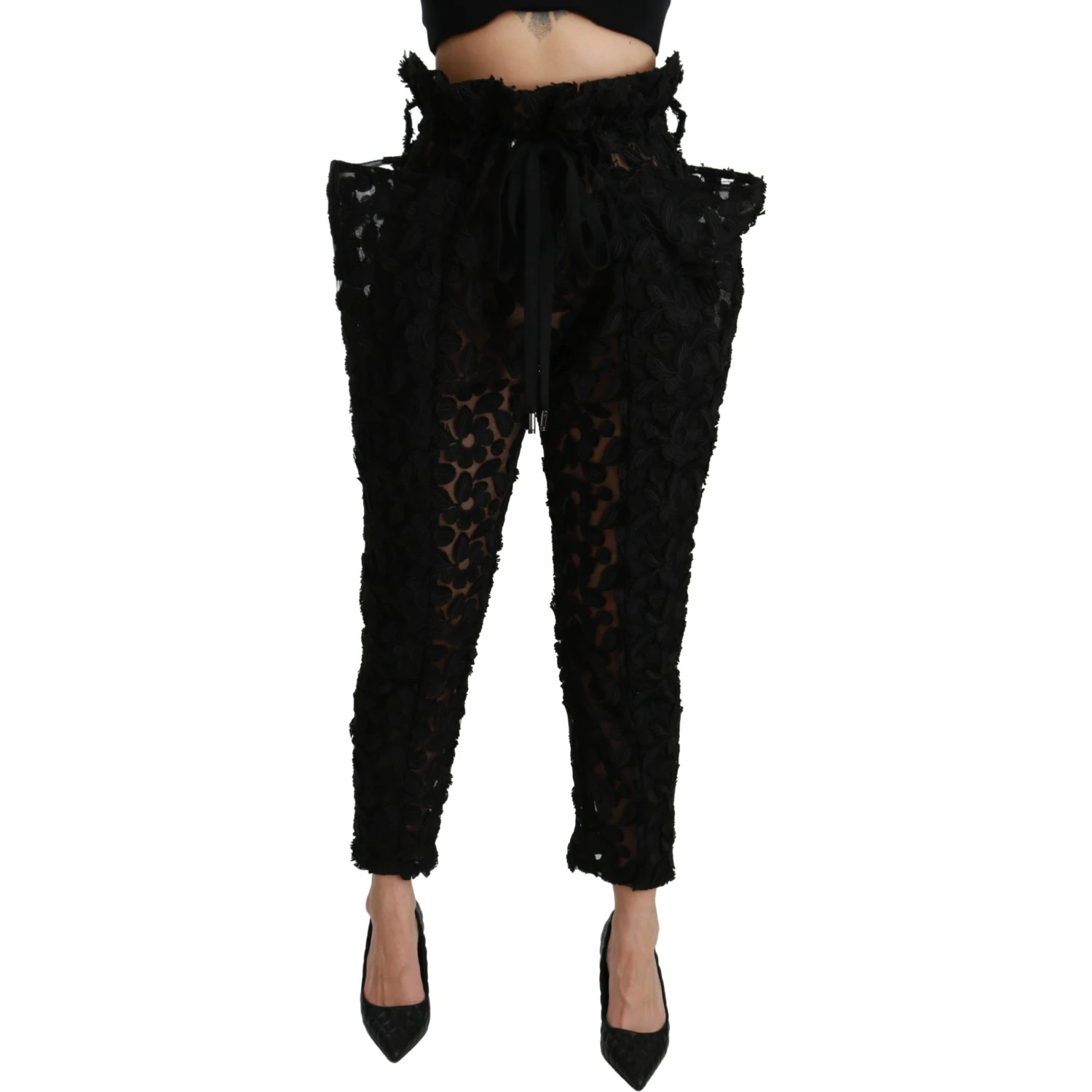 Black Floral Lace Tapered High Waist Pants