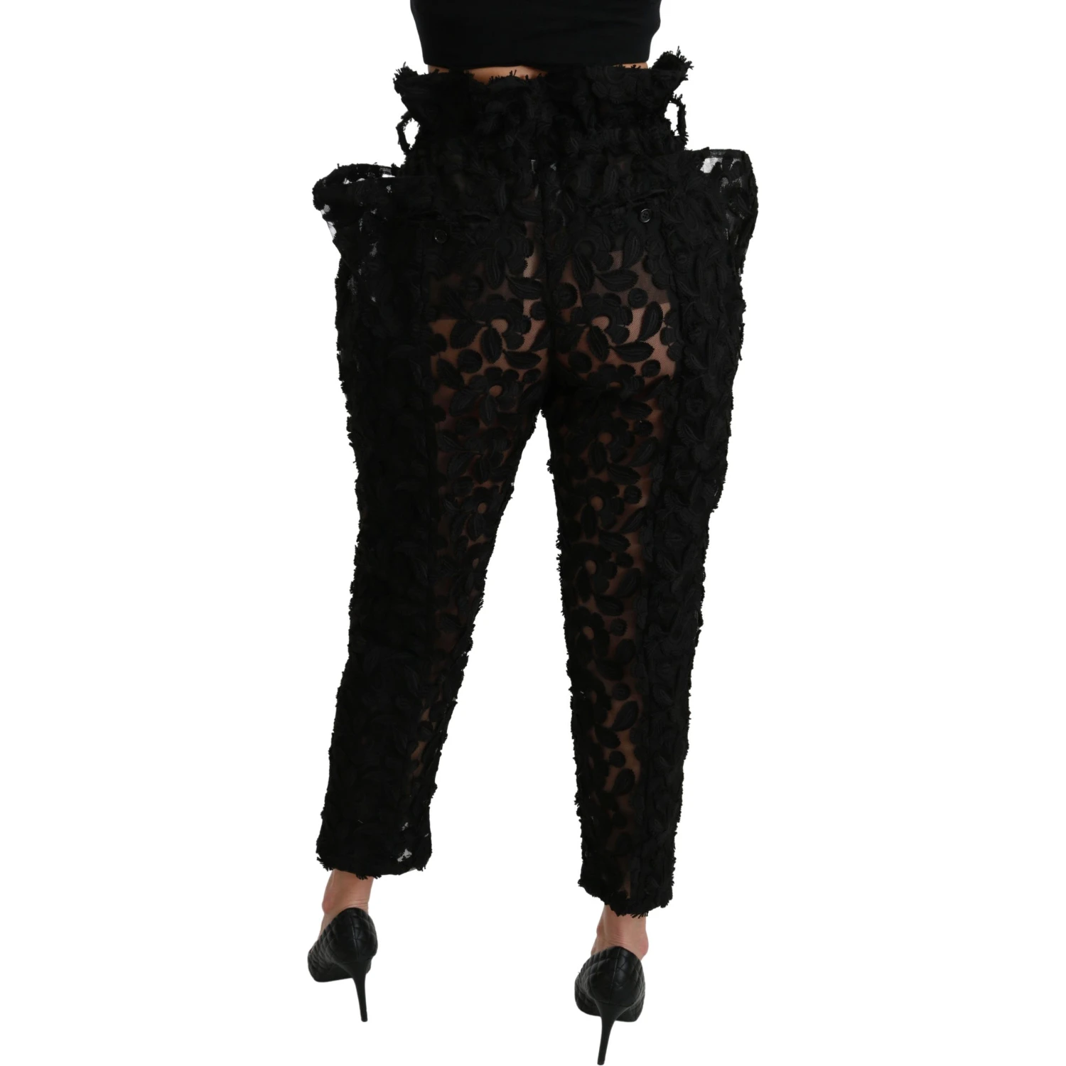 Black Floral Lace Tapered High Waist Pants